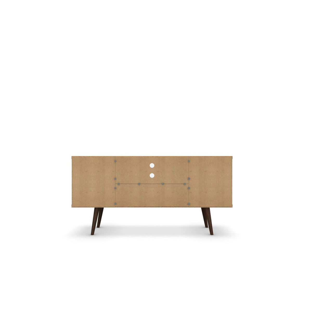 Free standing TV stand with storage frame in kraft-brown panel and angled dark wood legs on Tampa Home & Garden Store