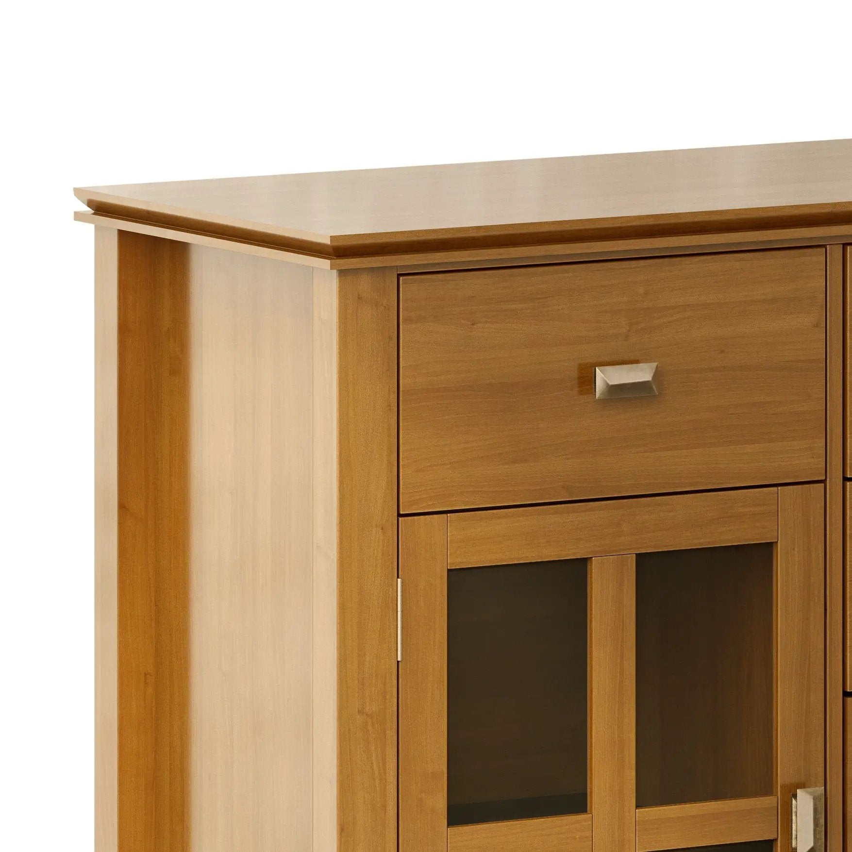 Artisan Handcrafted Sideboard Buffet in warm oak with a single drawer and glass cabinet on Tampa Home & Garden Store