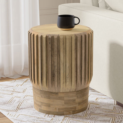 Lyall Side Table with Fluted Design in warm brown wood, cylindrical base on Tampa Home & Garden Store