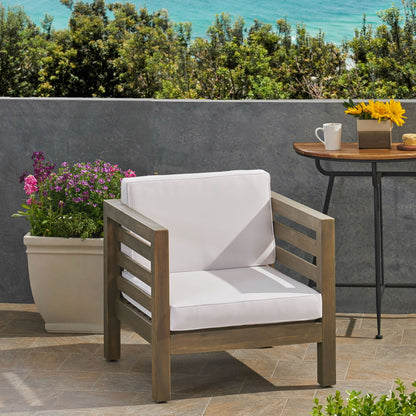 Outdoor Acacia Wood Patio Chairs set of two with white fabric cushions by HouseOfZazla on Tampa Home & Garden Store
