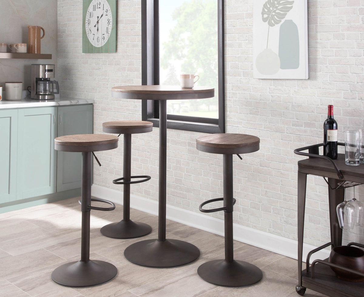Industrial adjustable barstool set of 2 with swivel, dark brown wood seats and metal bases on Tampa Home & Garden Store