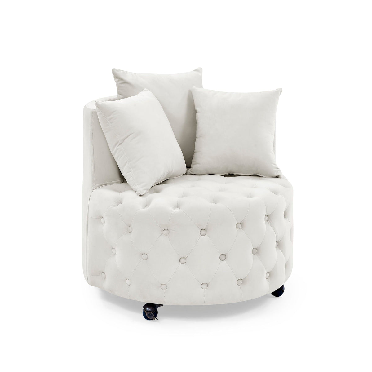 Modern upholstered swivel chair with button tufted design in white and wheel casters on Tampa Home & Garden Store