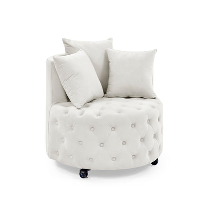 Modern upholstered swivel chair with button tufted design in white and wheel casters on Tampa Home & Garden Store
