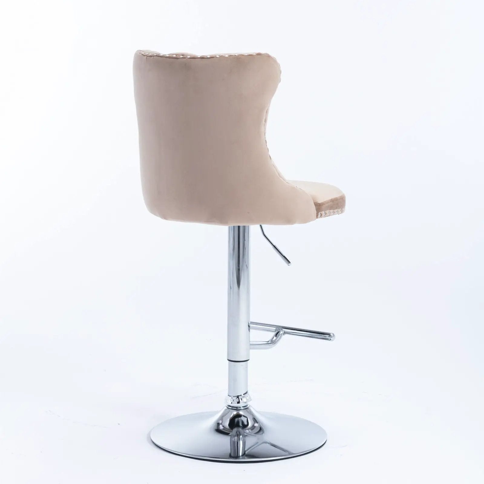 Beige upholstered swivel bar stool with back, chrome pedestal base, height-adjust lever, studded rim on Tampa Home & Garden Store
