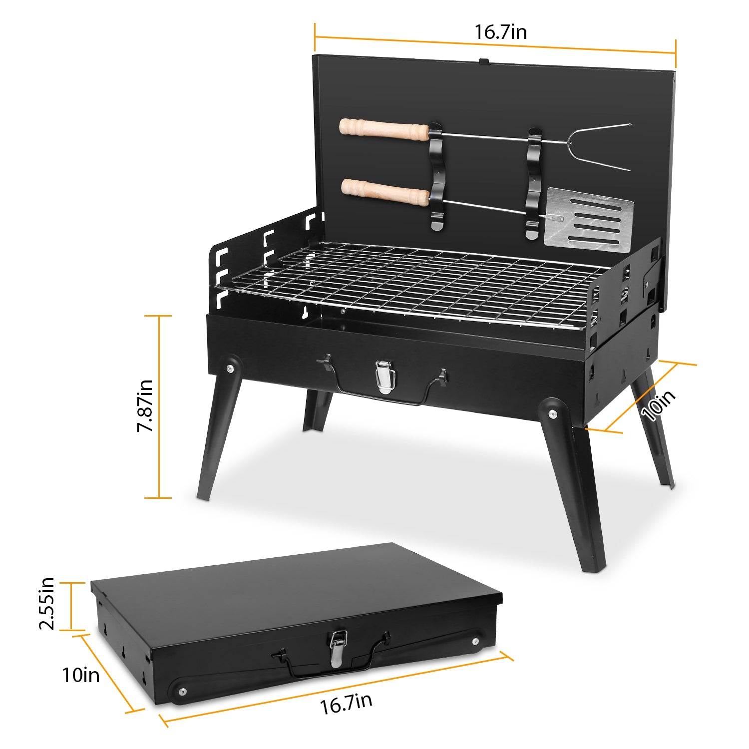 GemGear portable charcoal grill, foldable suitcase design with black steel body and grill tools on Tampa Home & Garden Store