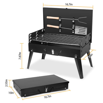GemGear portable black charcoal grill foldable suitcase with steel grate and tool hooks on Tampa Home & Garden Store