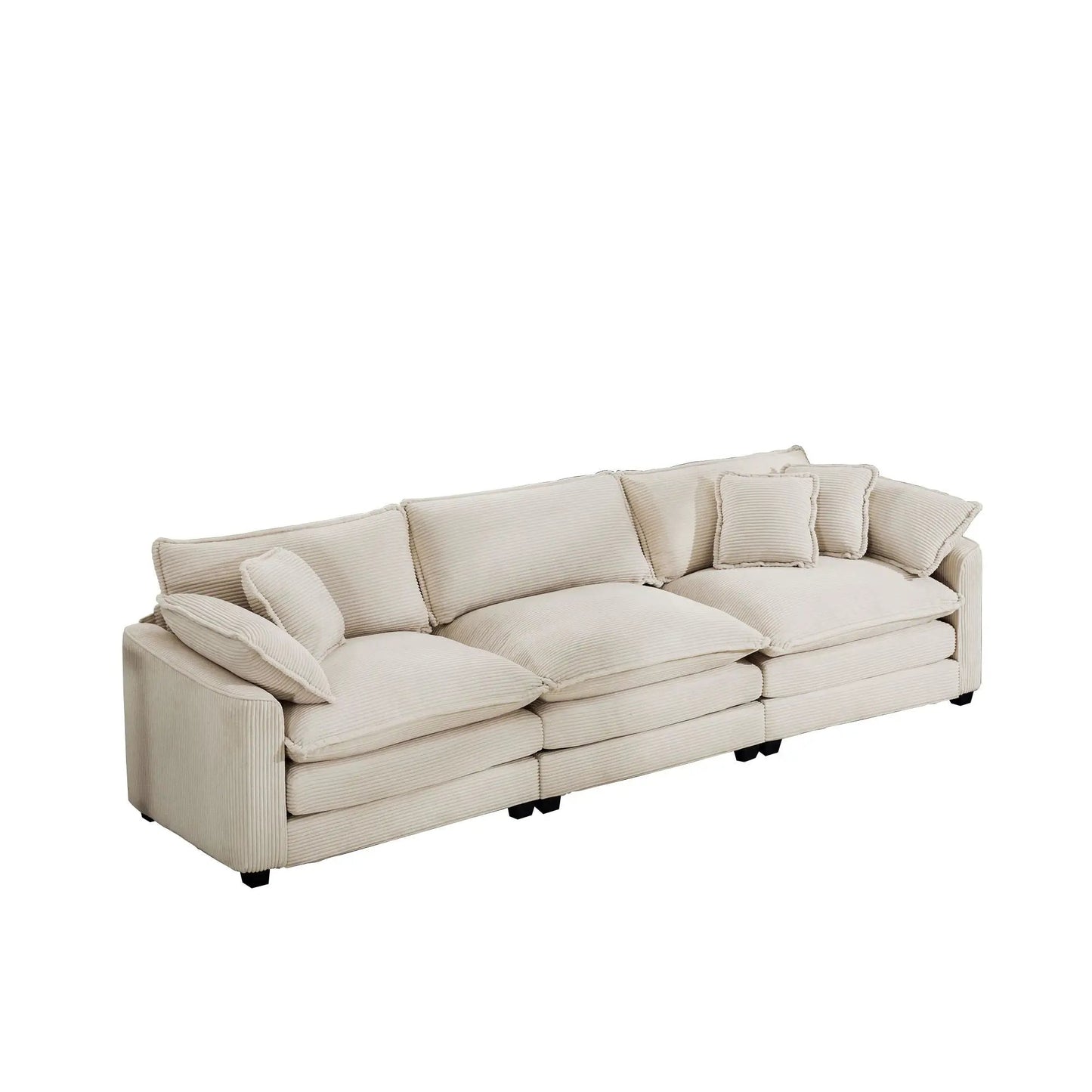 Mid-Century Modern 3 Seater Sectional Sofa with arm and throw pillows in beige corduroy on Tampa Home & Garden Store