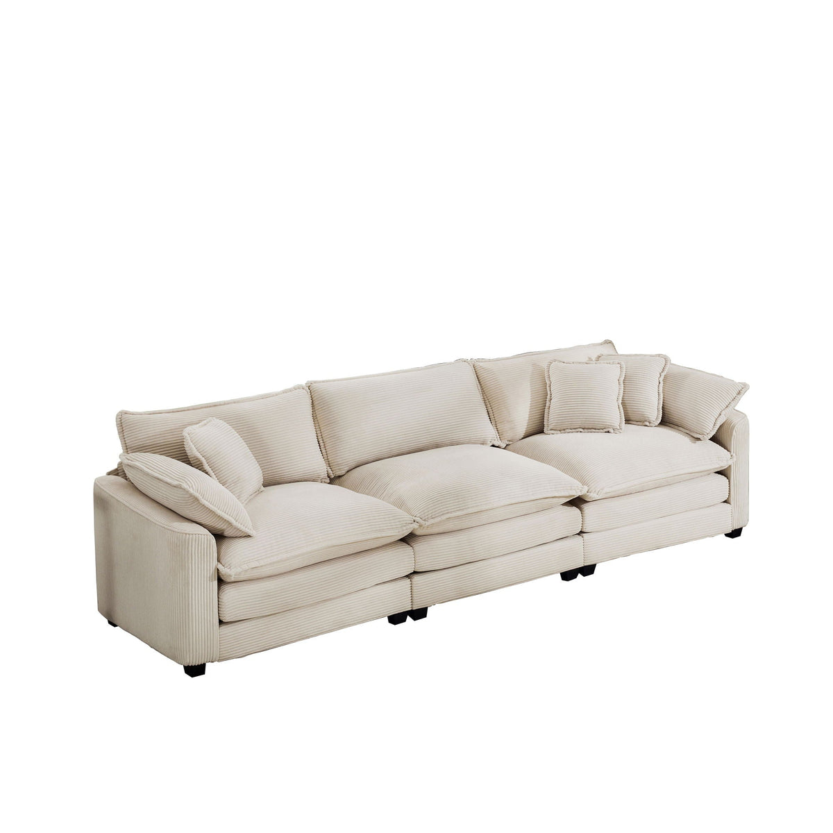 Mid-Century Modern 3 Seater Sectional Sofa beige corduroy upholstery with throw pillows HouseOfZazla on Tampa Home & Garden Store