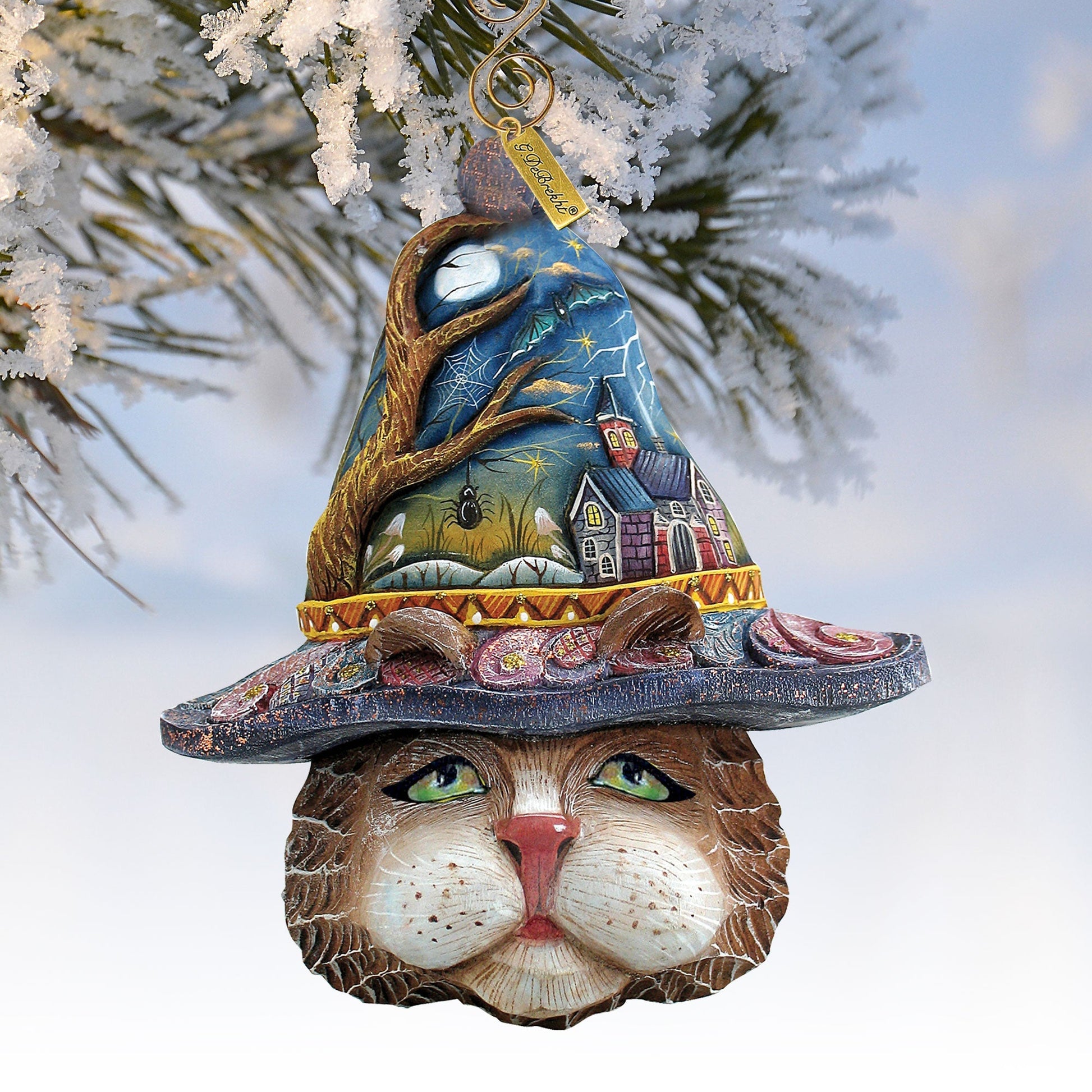 Halloween Cat Sculpted Ornament by G. DeBrekht, blue cloak with village scene on Tampa Home & Garden Store