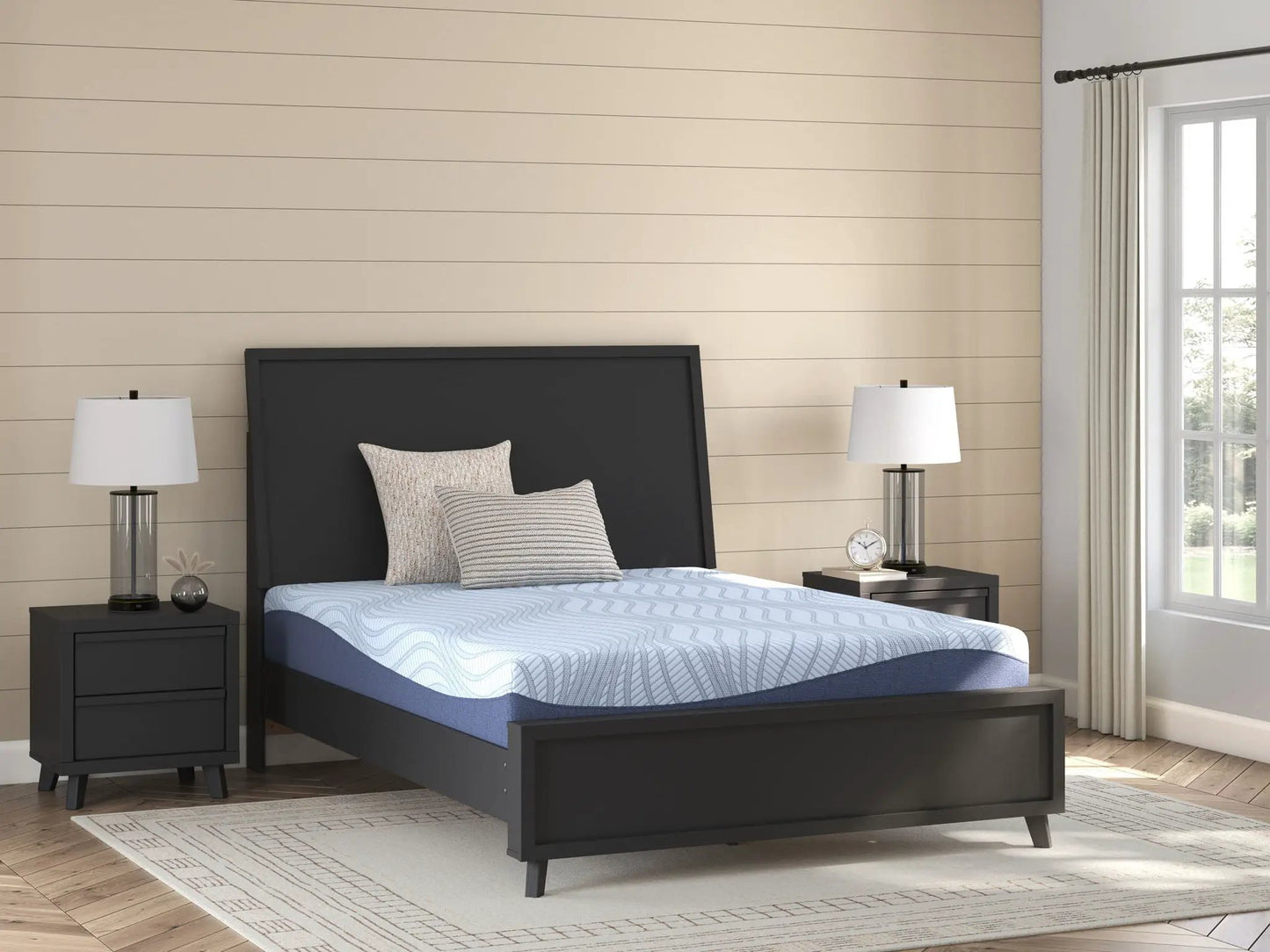 Peak 2.0 10 Memory Foam Mattress by Unique Piece Furniture on a black platform bed with blue bedding on Tampa Home & Garden Store