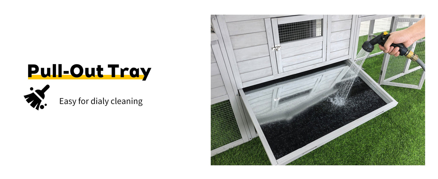 141in gray wooden chicken coop with nesting box and pull-out tray being rinsed with hose on Tampa Home & Garden Store