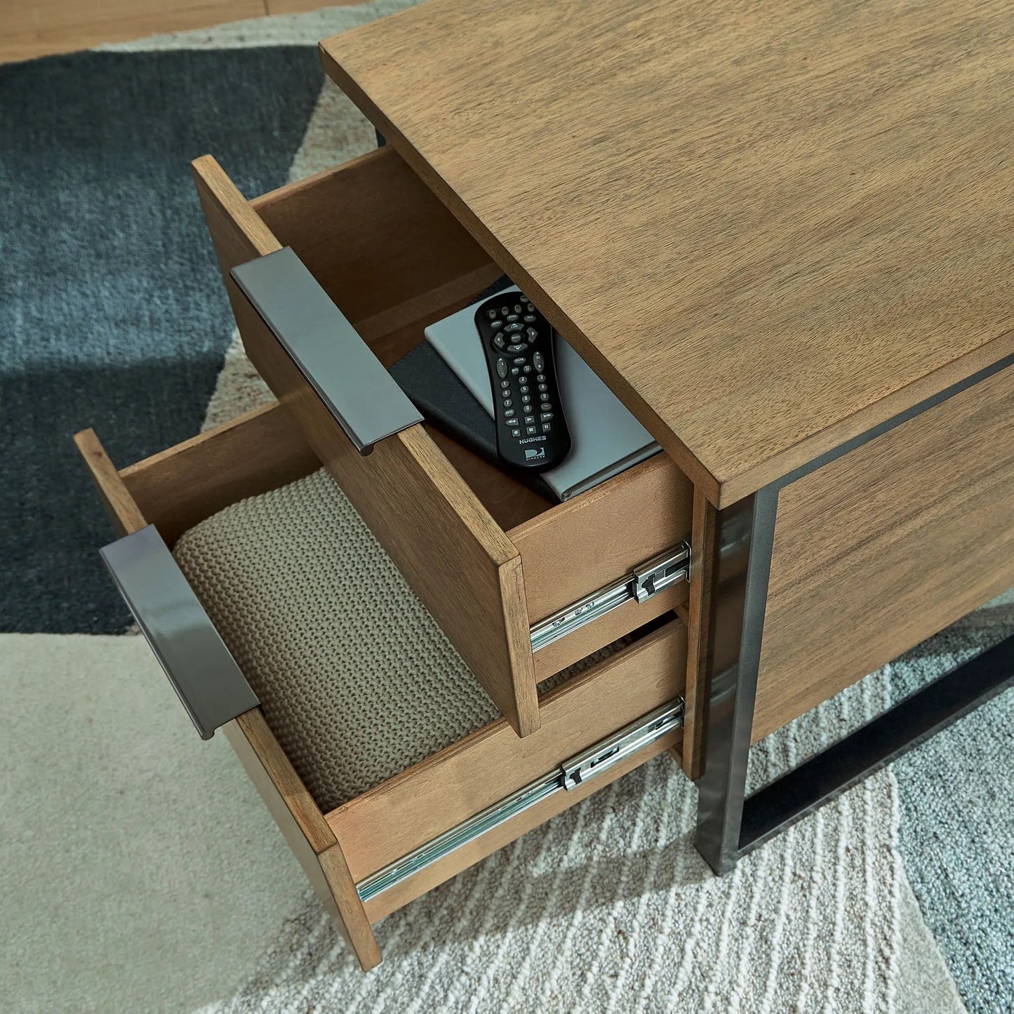 Montia Table wooden cocktail table by Unique Piece Furniture with open drawer and remote on Tampa Home & Garden Store