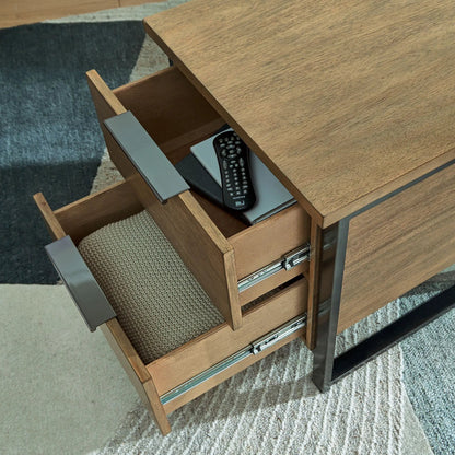 Montia Table wooden cocktail table by Unique Piece Furniture with open drawer and remote on Tampa Home & Garden Store