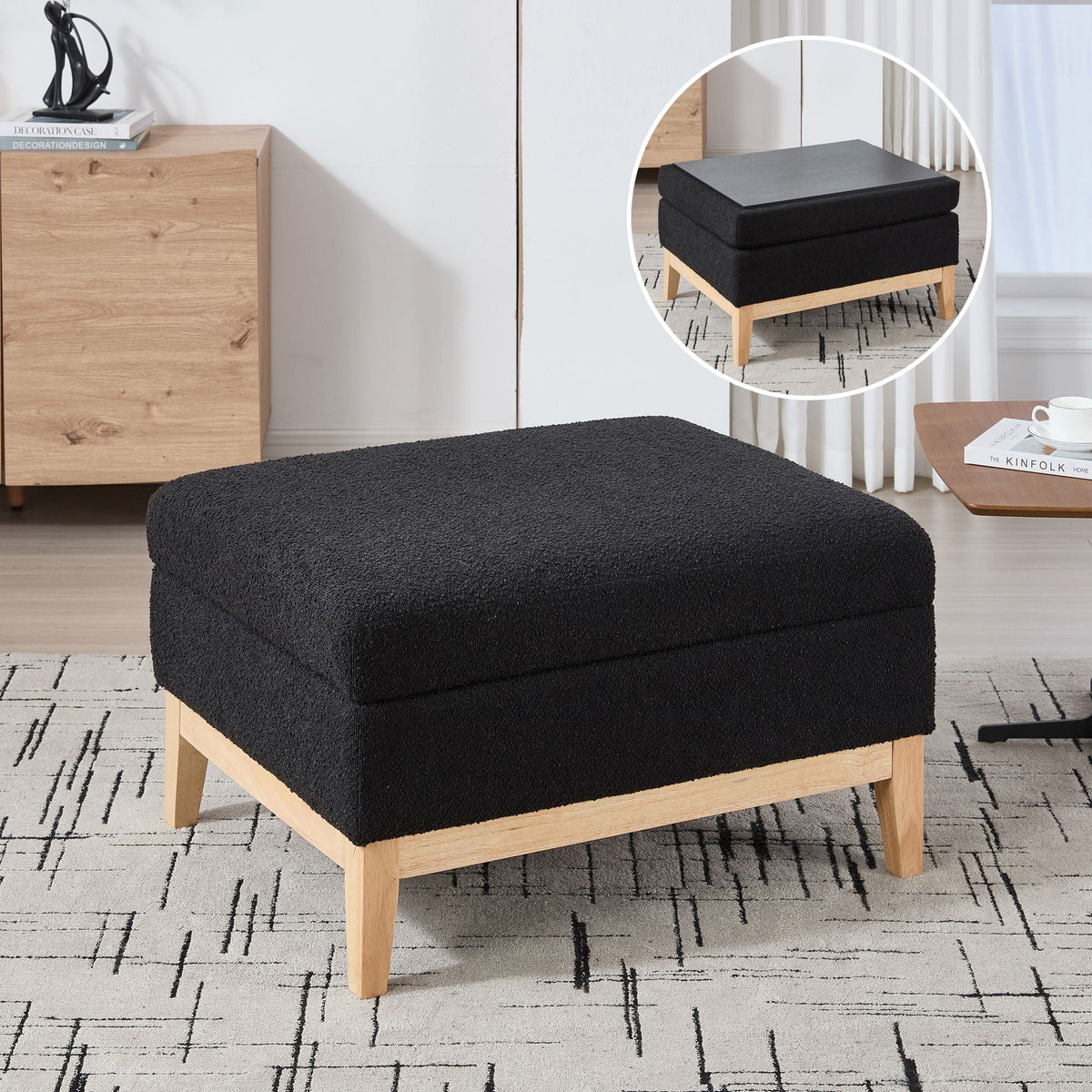 Upholstered Storage Ottoman With Reversible Lid Coffee Table black fabric on natural wood base on Tampa Home & Garden Store