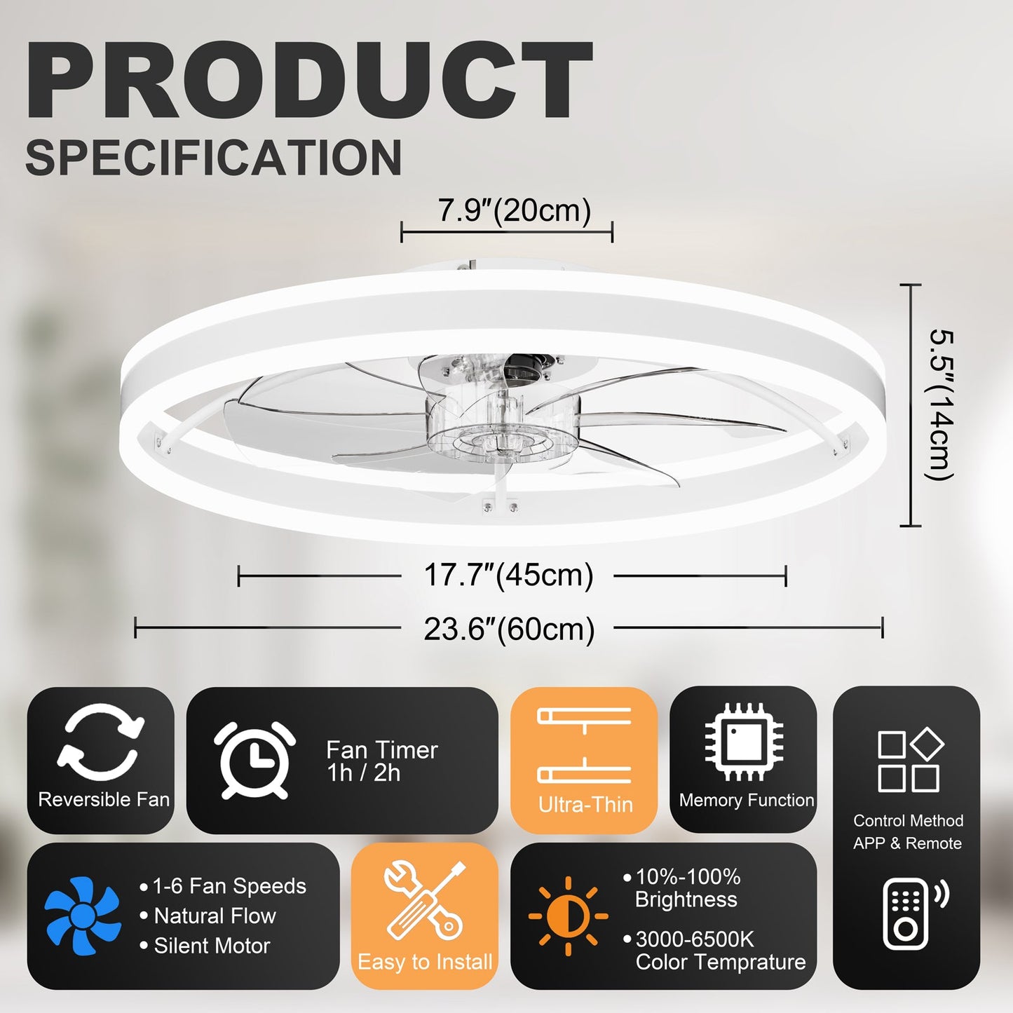 Ceiling fan with light 23.6in, HouseOfZazla, white finish, quiet DC motor, dimmable 3-color LED on Tampa Home & Garden Store