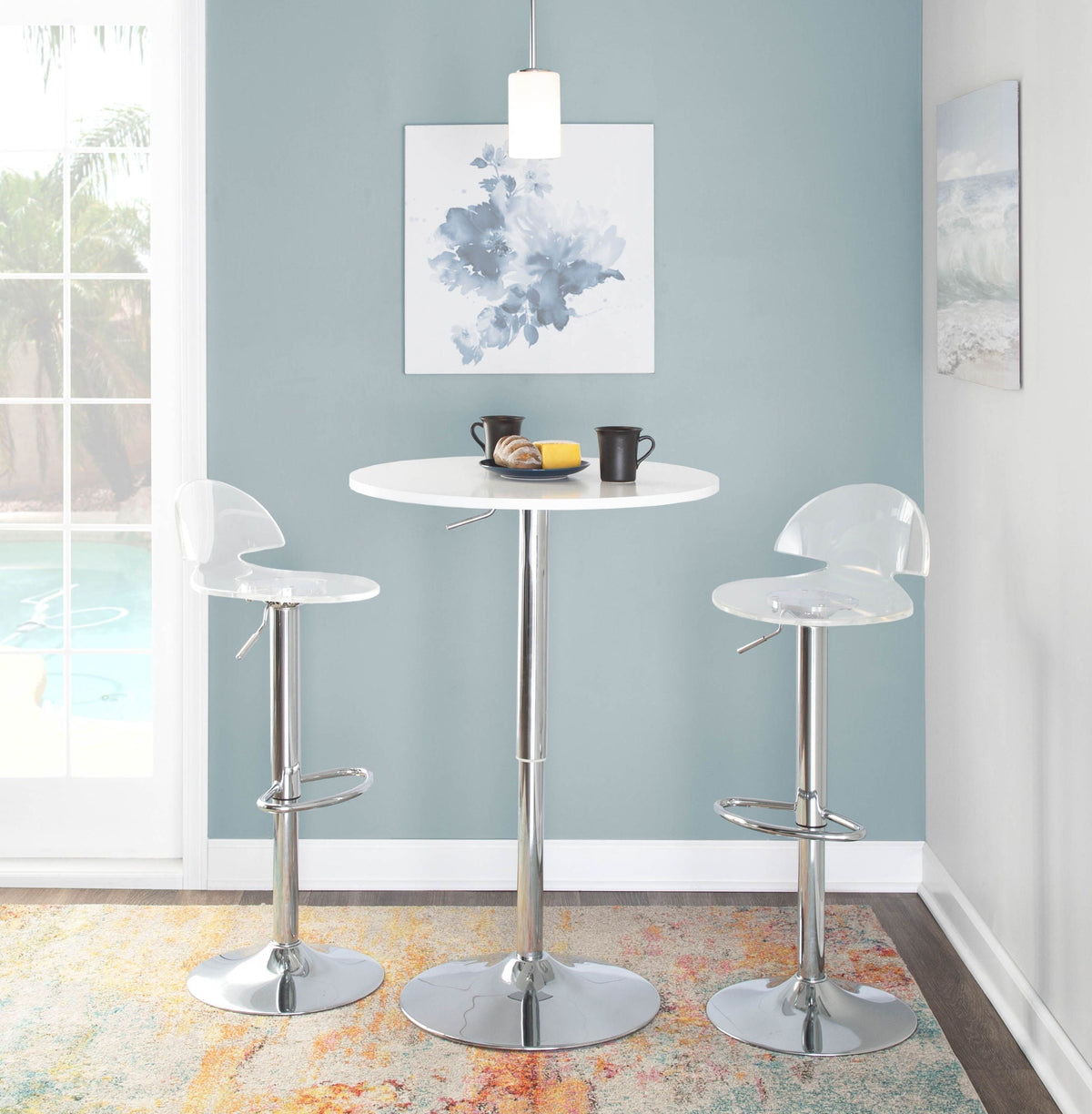Contemporary adjustable bar table with hydraulic lift, white top on chrome pedestal, three stools on Tampa Home & Garden Store