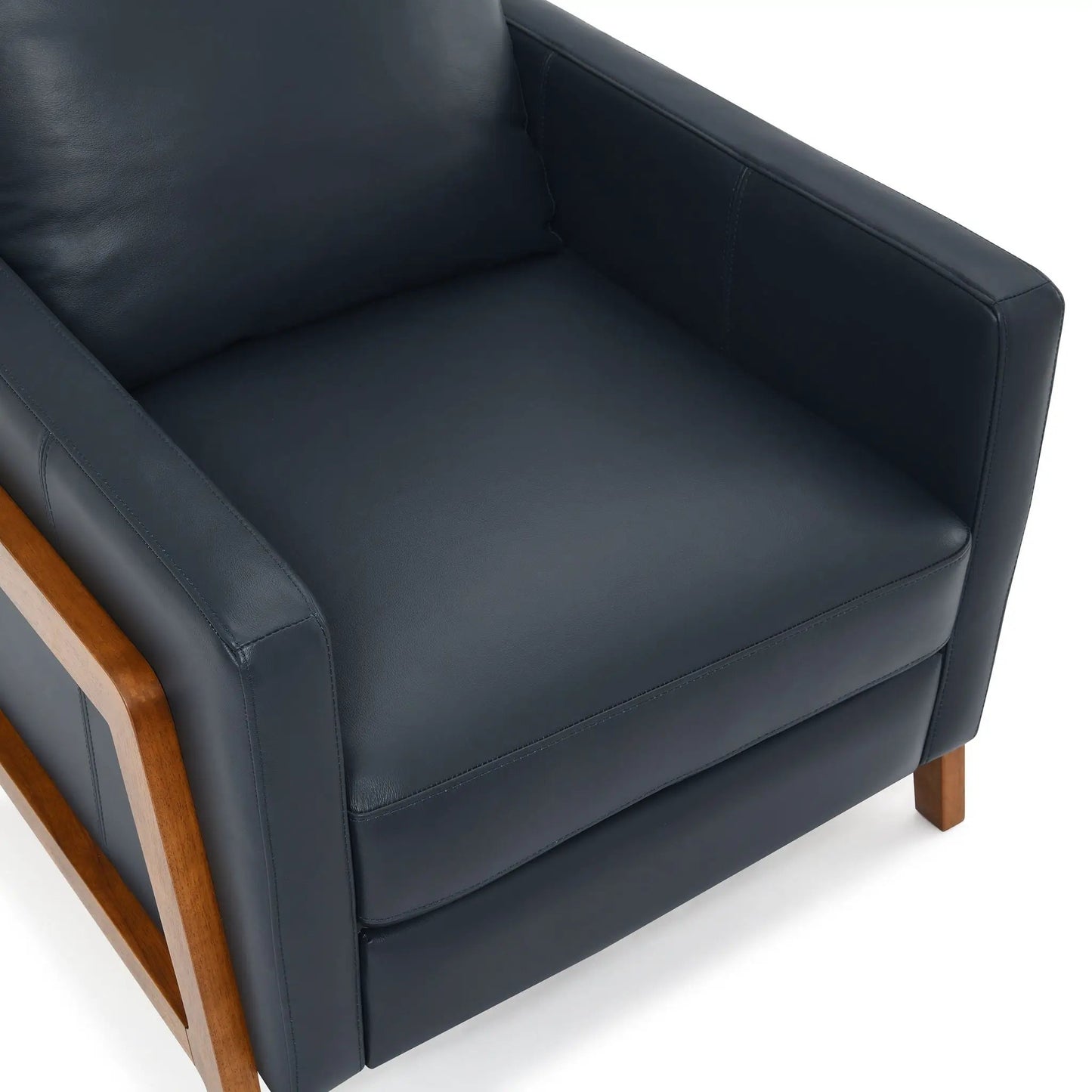 Richland push back recliner chair in navy blue leather with wooden armrests on Tampa Home & Garden Store