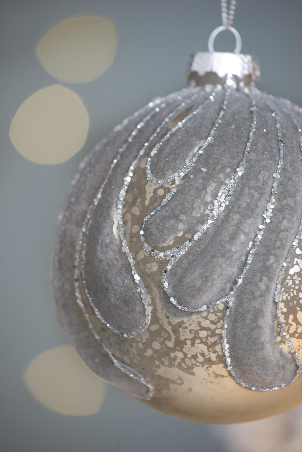 Decorative hanging glass Christmas ball ornament set of 6 in silver with glitter swirl on Tampa Home & Garden Store