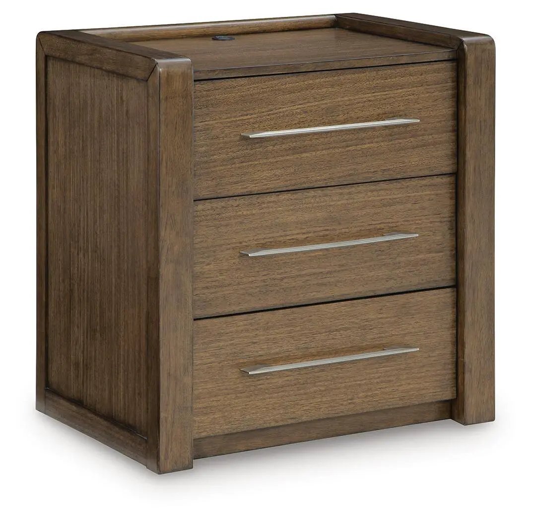 Marxmore brown three-drawer nightstand with charging station, Unique Piece Furniture on Tampa Home & Garden Store