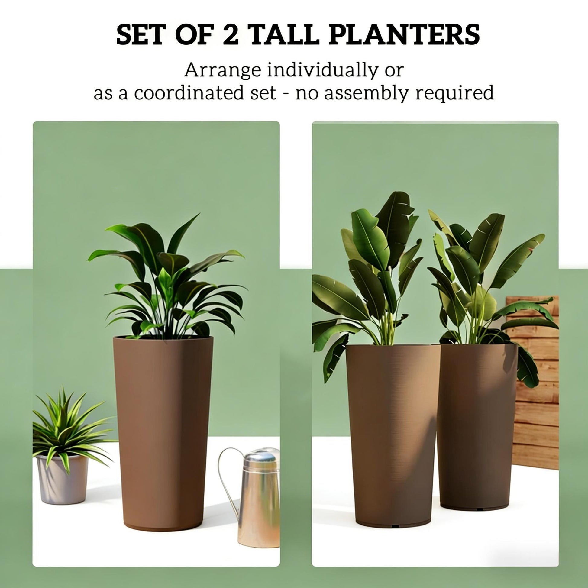 Tall stackable planters set of 2 in brown with leafy plants by HouseOfZazla on Tampa Home & Garden Store