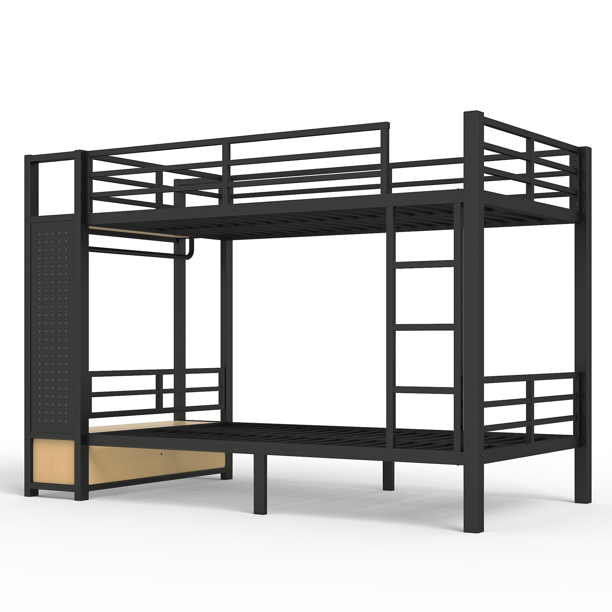 Twin XL over Twin XL metal bunk bed in black with storage shelves and ladder on Tampa Home & Garden Store