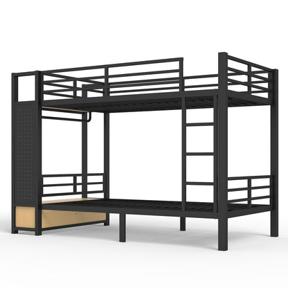 Twin XL over Twin XL metal bunk bed in black with storage shelves and ladder on Tampa Home & Garden Store