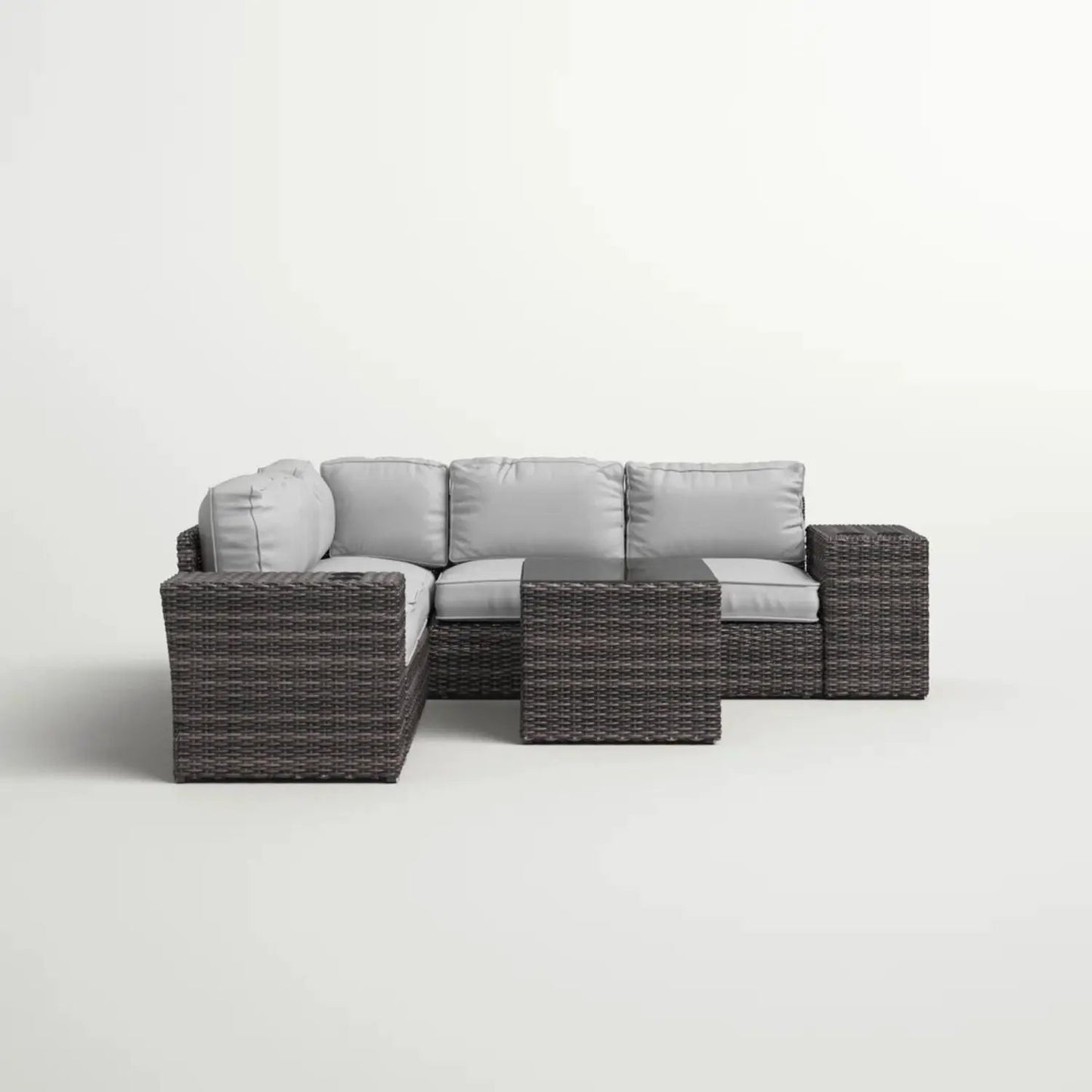 Modern patio rattan sectional 2-piece with cushions; dark brown wicker, light gray cushions on Tampa Home & Garden Store