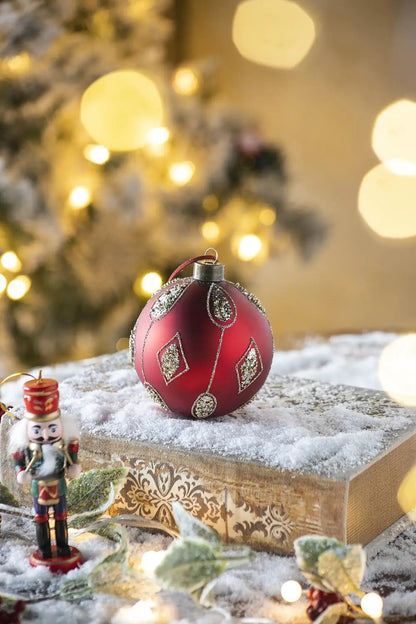 Christmas ball ornament red glass with silver glitter diamond patterns by Unique Piece Furniture on Tampa Home & Garden Store
