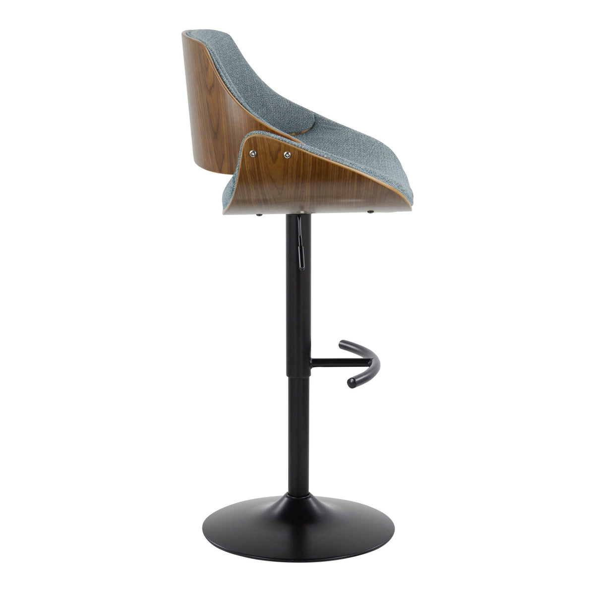 Mid-century modern adjustable bar stool with blue fabric seat, curved wood shell and rounded footrest by HouseOfZazla on Tampa Home & Garden Store