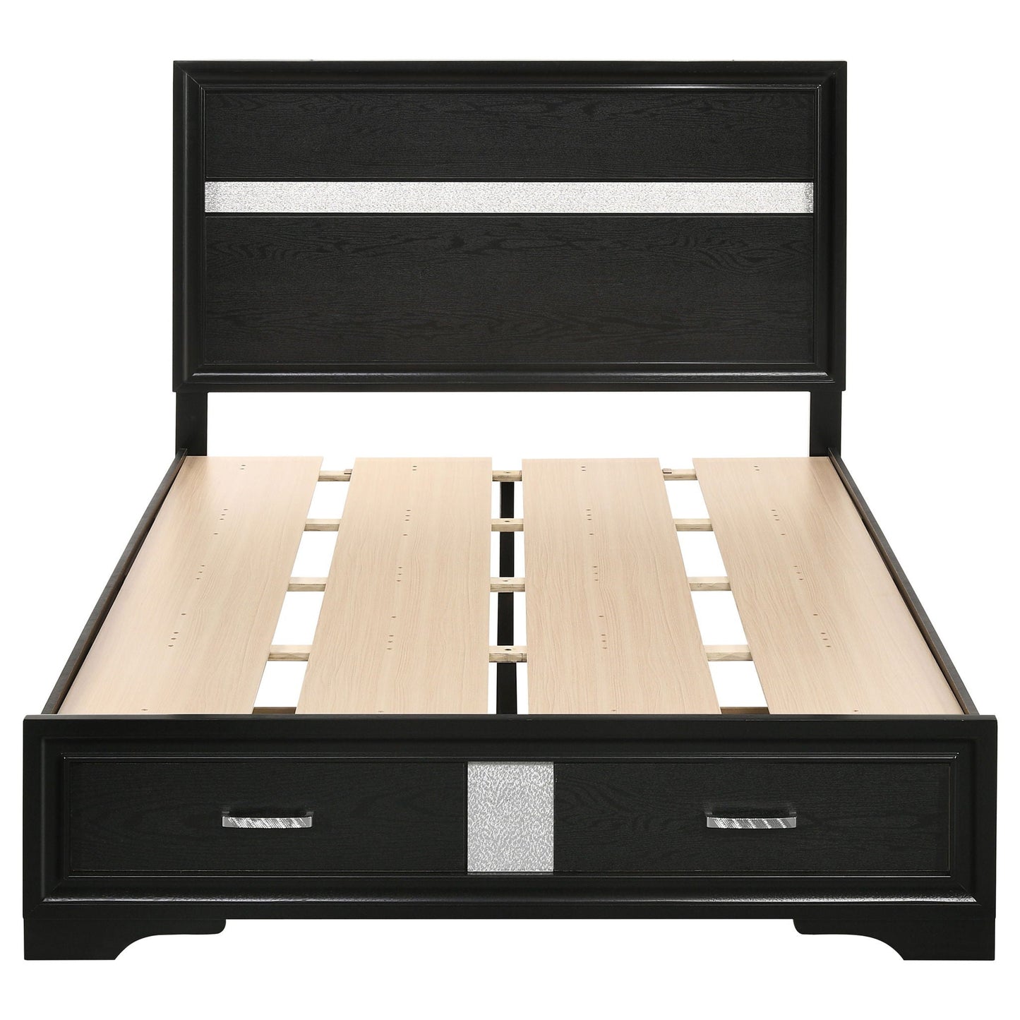 Urbana storage panel bed in black with two front drawers and silver stripe accents, platform bed on Tampa Home & Garden Store