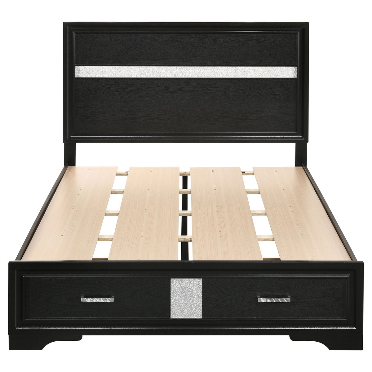 Urbana storage panel bed in black with two front drawers and silver stripe accents, platform bed on Tampa Home & Garden Store
