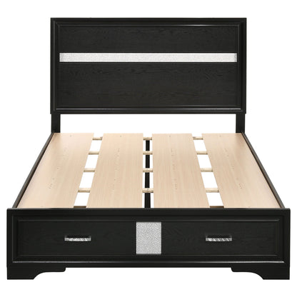 Urbana storage panel bed in black with two front drawers and silver stripe accents, platform bed on Tampa Home & Garden Store