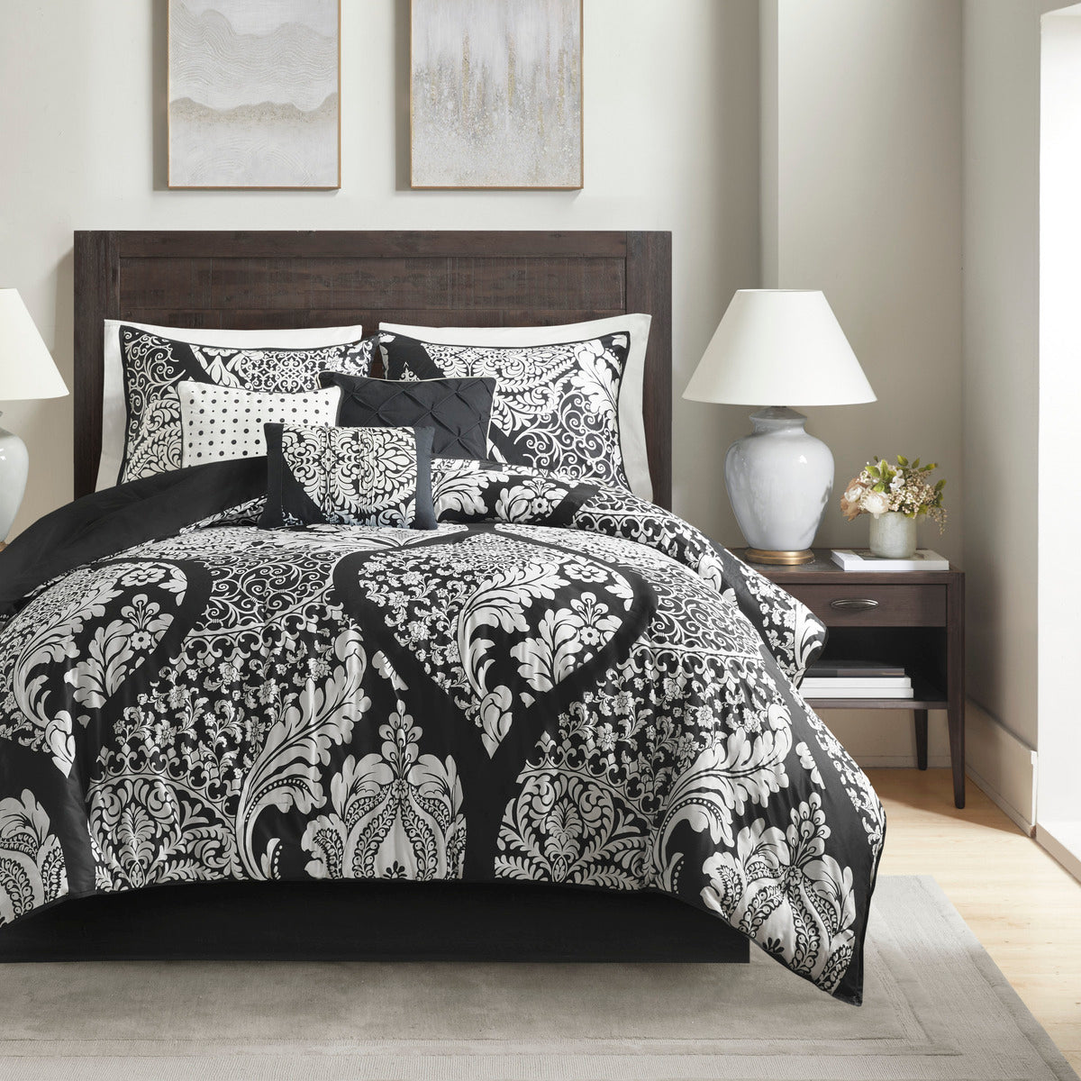 7-piece cotton printed comforter set by HouseOfZazla in black white damask with shams on Tampa Home & Garden Store