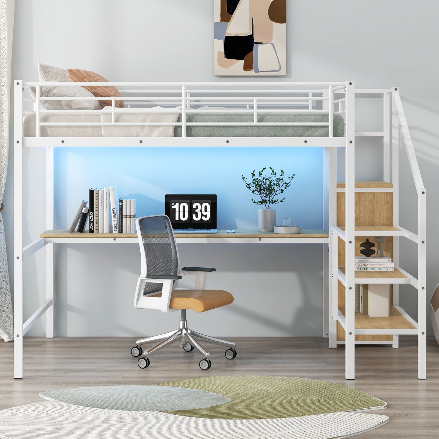 White loft bed with desk underneath, storage staircase and small wardrobe with LED lighting on Tampa Home & Garden Store