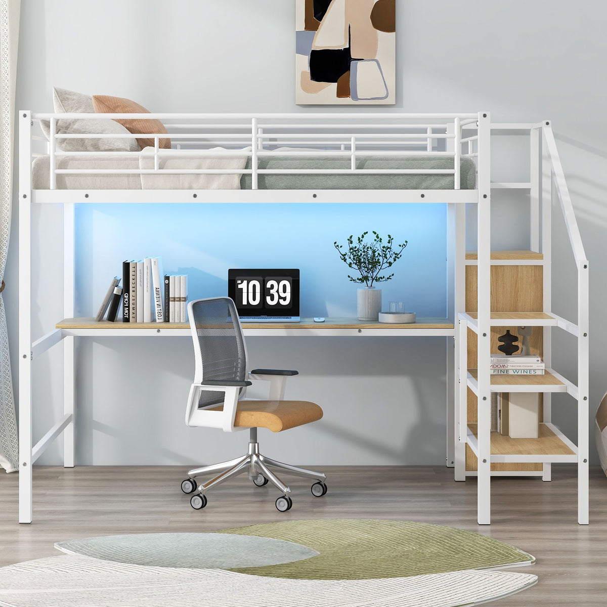 White loft bed with desk underneath, storage staircase and small wardrobe with LED lighting on Tampa Home & Garden Store