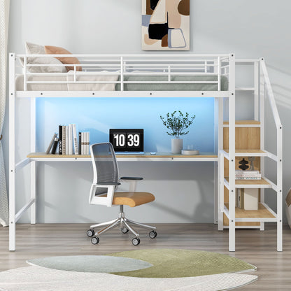 White loft bed with desk underneath, storage staircase and small wardrobe with LED lighting on Tampa Home & Garden Store