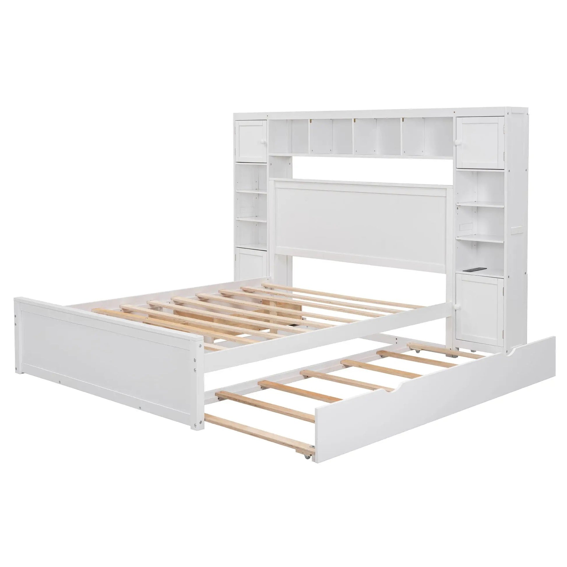 White cabinet bed with cabinet, shelves and sockets and twin long trundle Unique Piece on Tampa Home & Garden Store