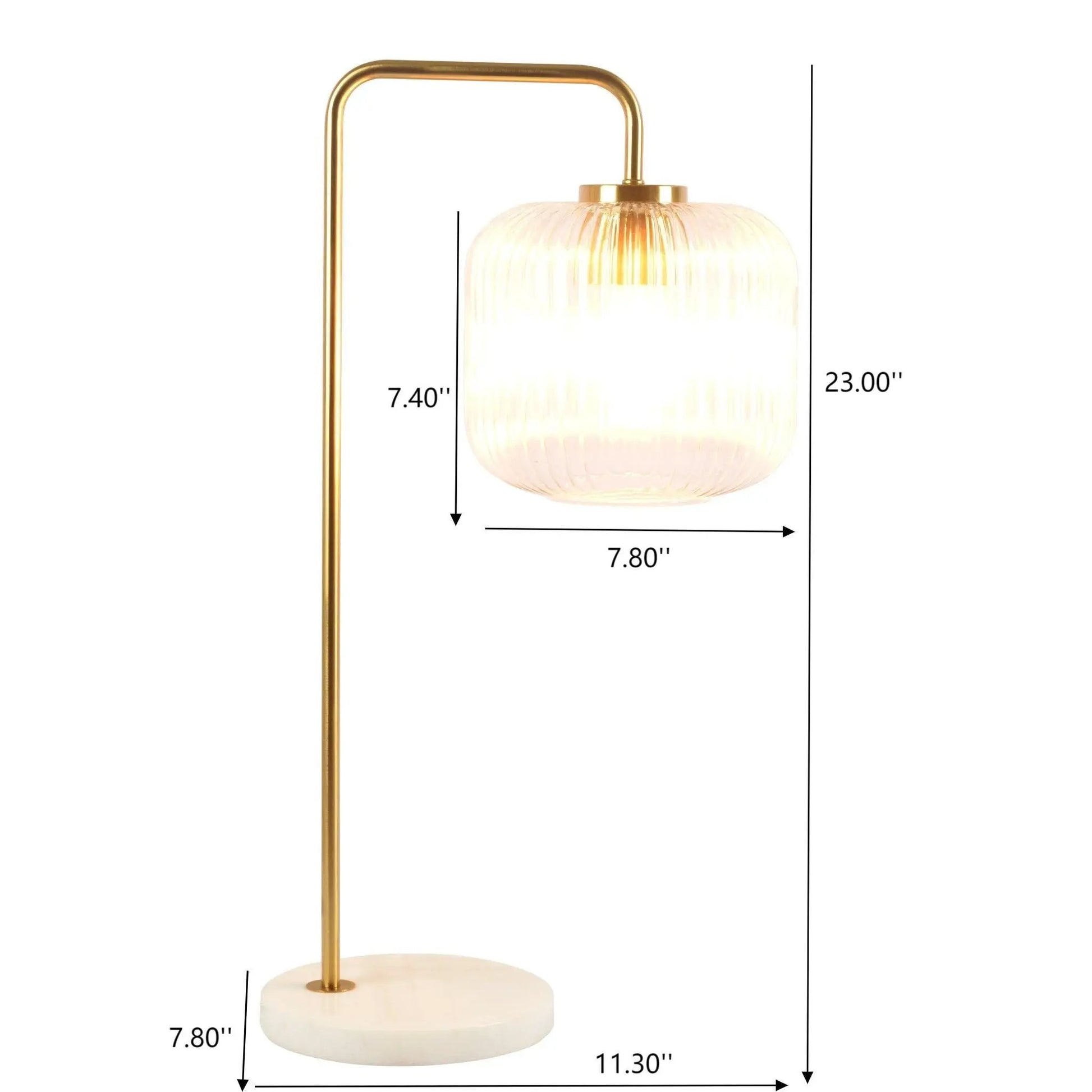 Haven clear glass table lamp with gold arc stem and white marble base, button control on Tampa Home & Garden Store