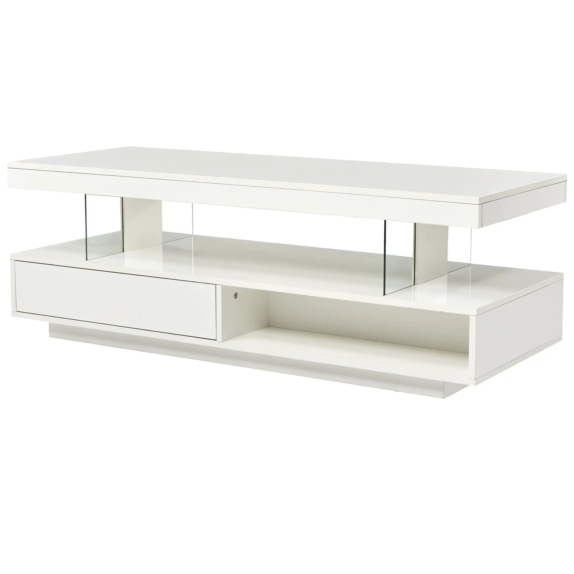 White LED coffee table with 2 drawers and glass display shelves on Tampa Home & Garden Store