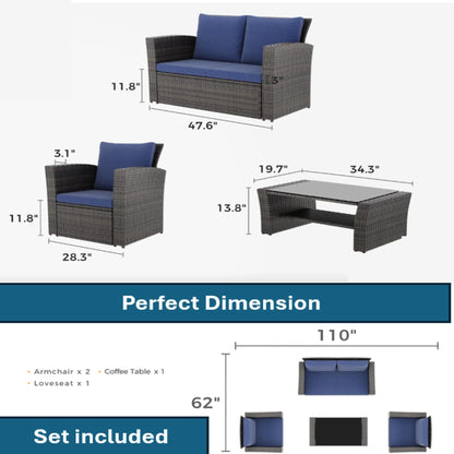4pc modern wicker patio set blue cushions; loveseat, 2 armchairs, coffee table on Tampa Home & Garden Store