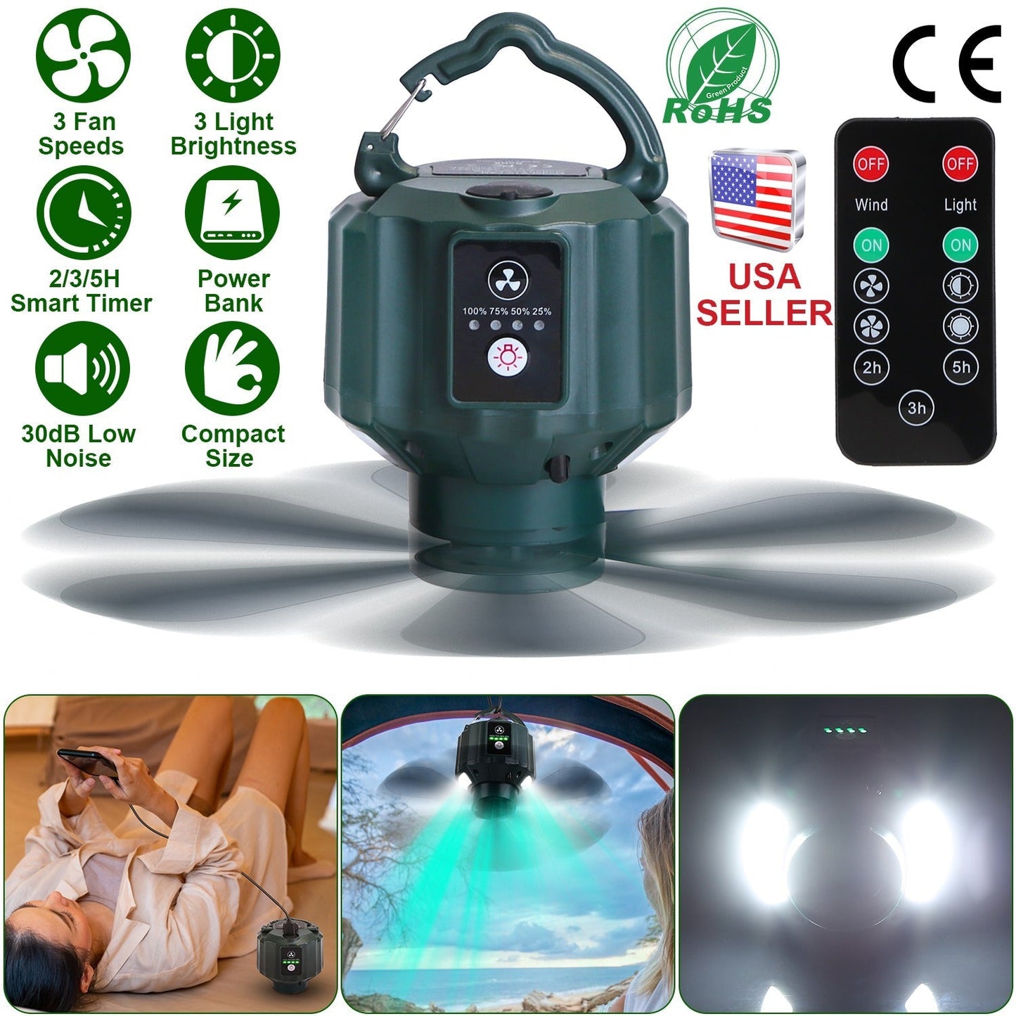 Portable camping ceiling LED lantern fan by GemGear with 10400mAh USB battery, 3 fan speeds on Tampa Home & Garden Store