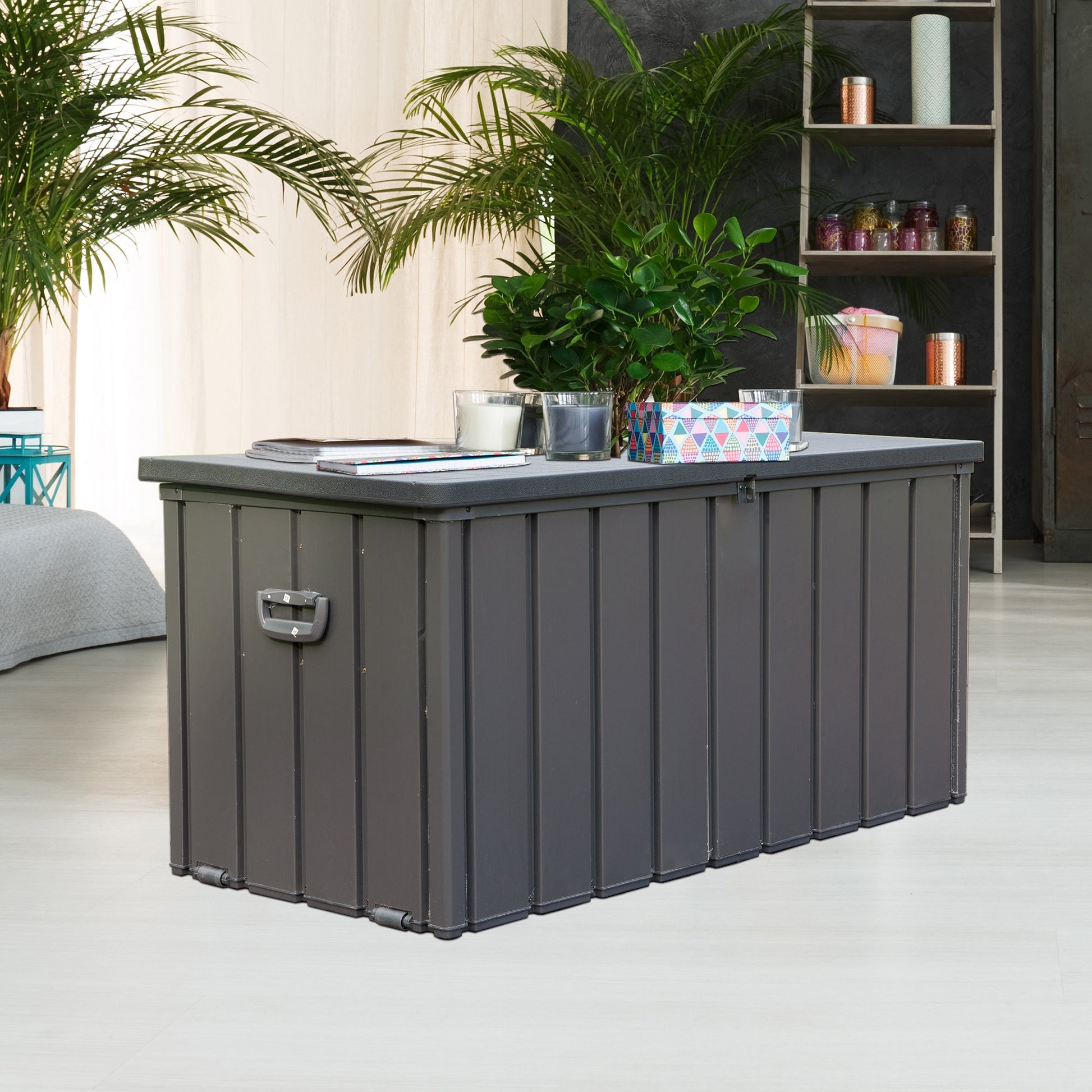 100 gallon outdoor storage deck box dark gray waterproof with lid on Tampa Home & Garden Store
