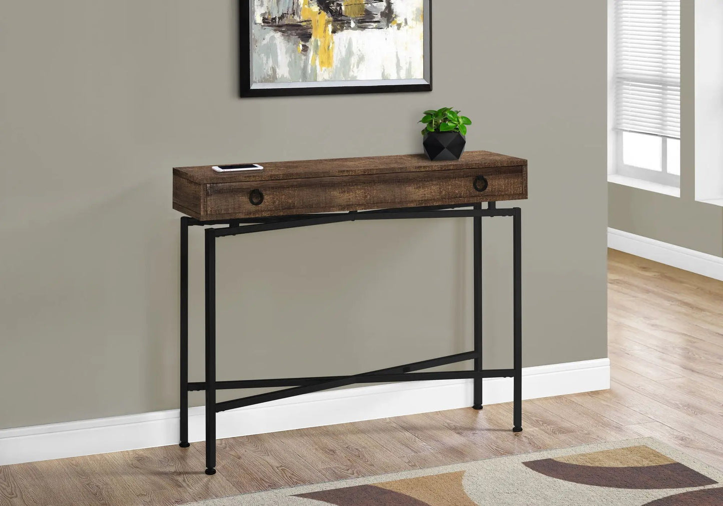 Accent console table with wood finish black metal frame storage drawer phone and plant on Tampa Home & Garden Store