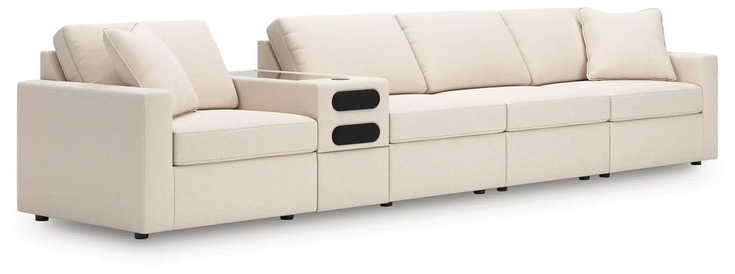 Modmax Oyster sectional beige fabric sofa with center console and black cupholders on Tampa Home & Garden Store