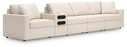 Modmax Oyster sectional beige fabric sofa with center console and black cupholders on Tampa Home & Garden Store