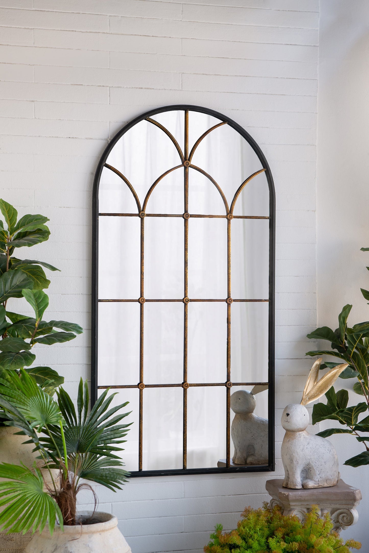 Arched full-length mirror with black frame and gold windowpane design, HouseOfZazla on Tampa Home & Garden Store