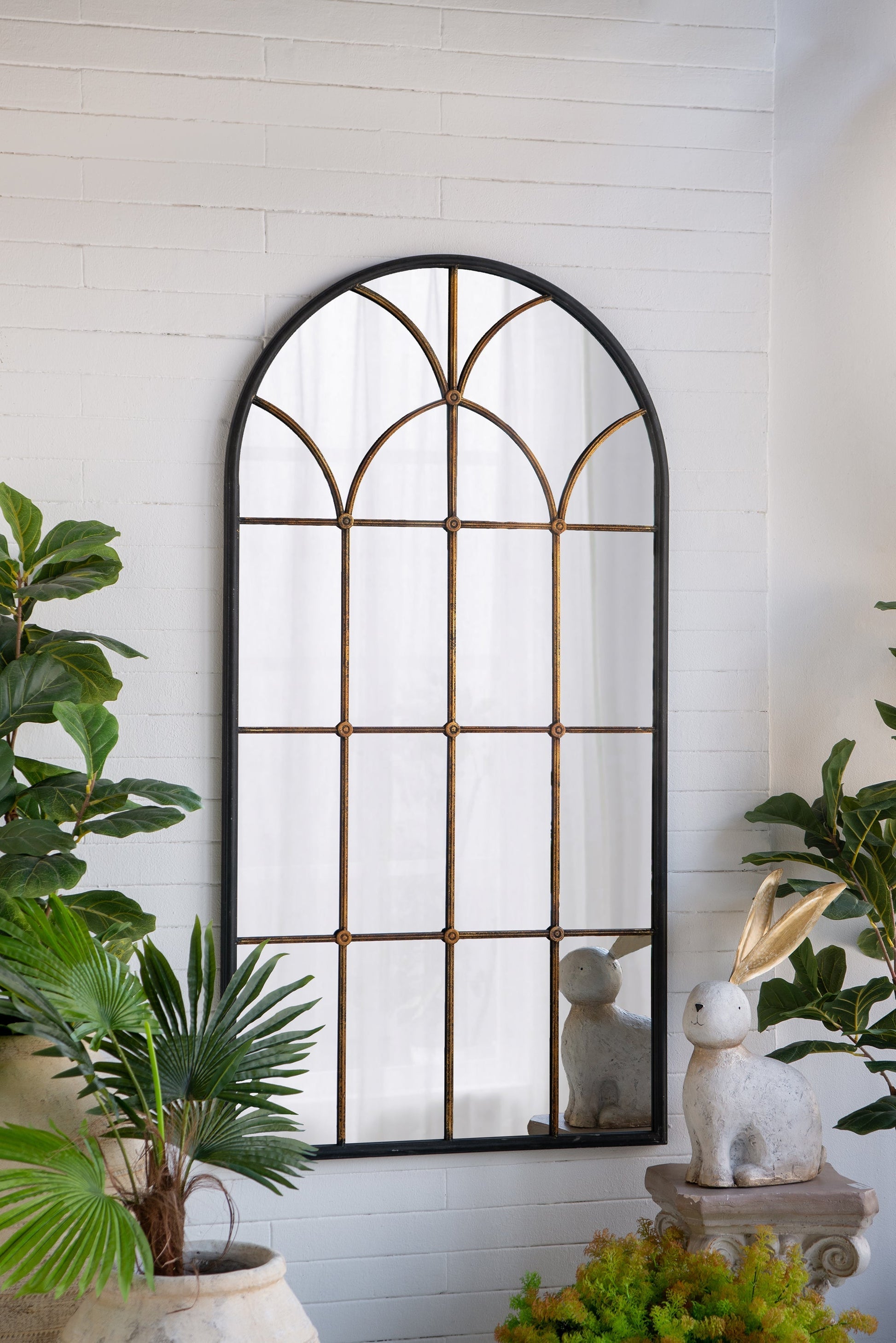 Arched full-length mirror with black frame and gold windowpane design, HouseOfZazla on Tampa Home & Garden Store