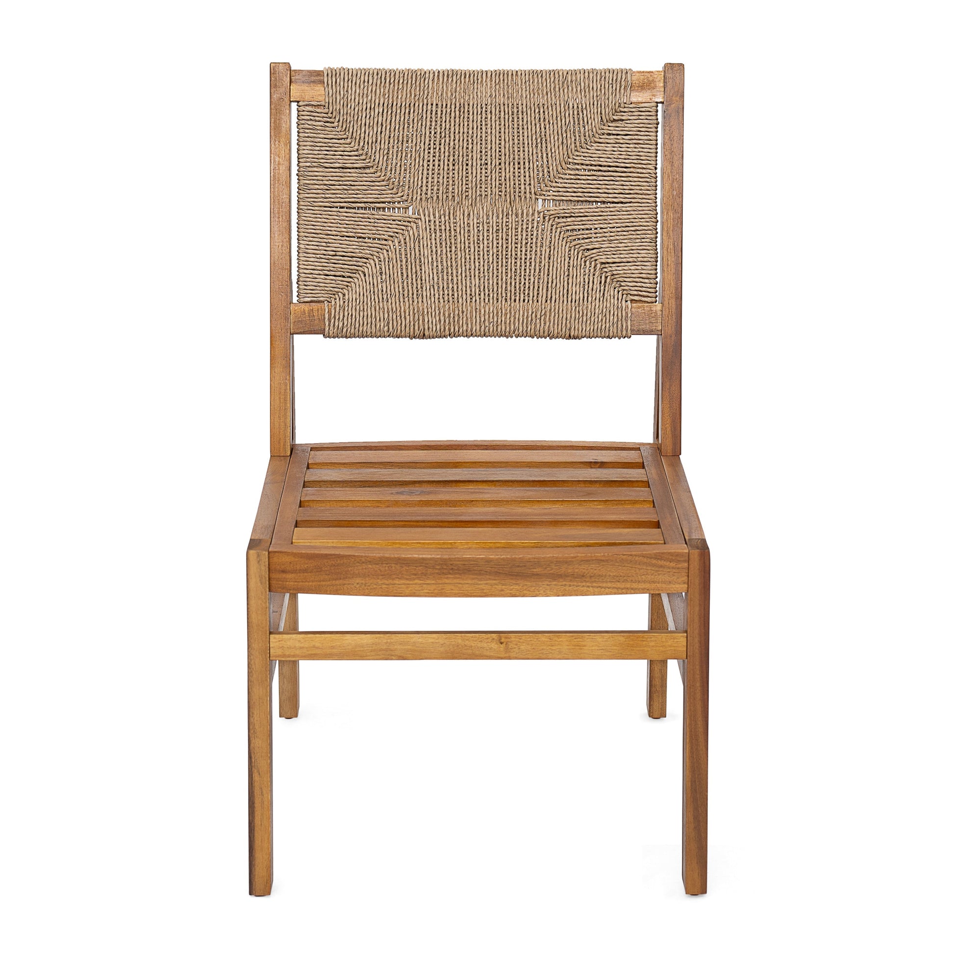 Outdoor acacia wood dining chair with woven rope back and teak finish on Tampa Home & Garden Store