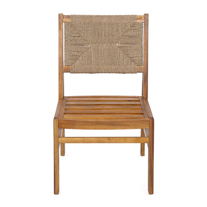 Outdoor acacia wood dining chair with woven rope back and teak finish on Tampa Home & Garden Store