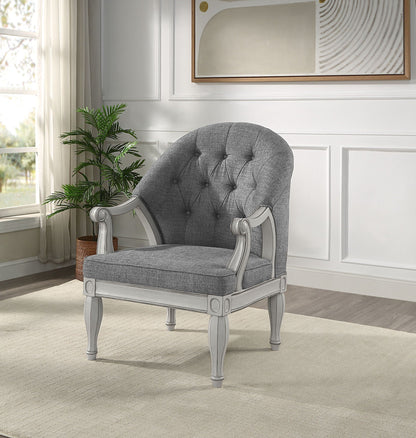 Florian antique arm chair in gray fabric with tufted back and white-washed wood frame on Tampa Home & Garden Store